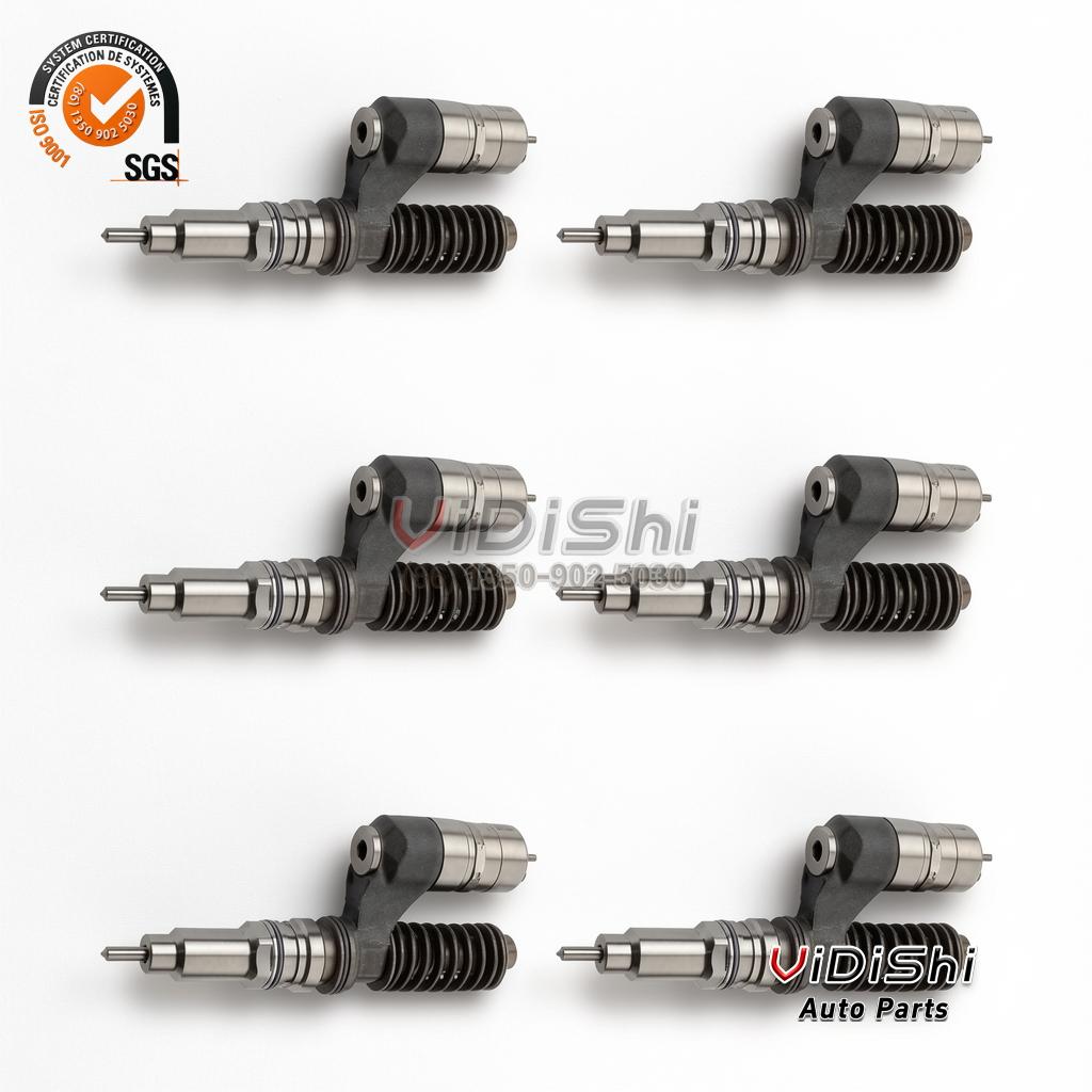 3829644 Unit Injector for Volvo Penta D12 Engine 6 Six 3829644 unit injectors laid out in two rows of three on a white ground, springs and nozzles alternating