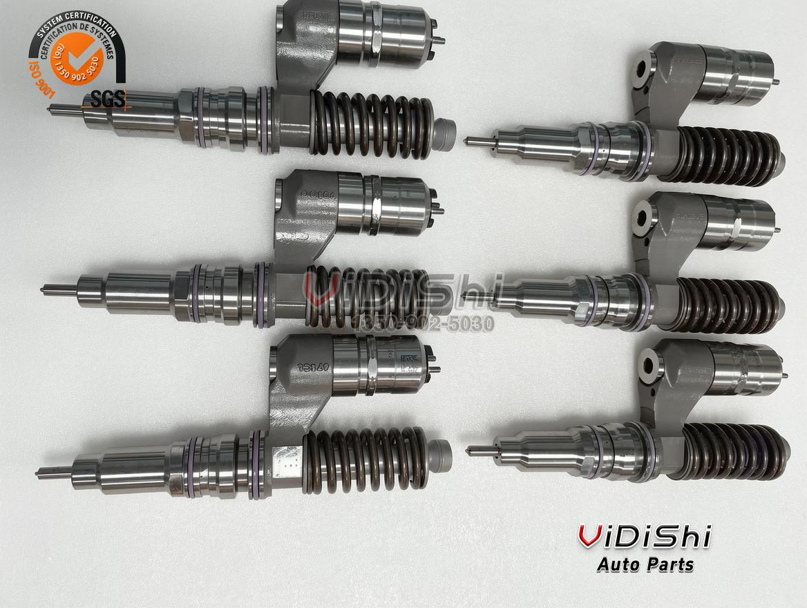 All Products 7 Six 3829644 unit injectors arranged in two columns showing both the nozzle end and the spring end of the same build