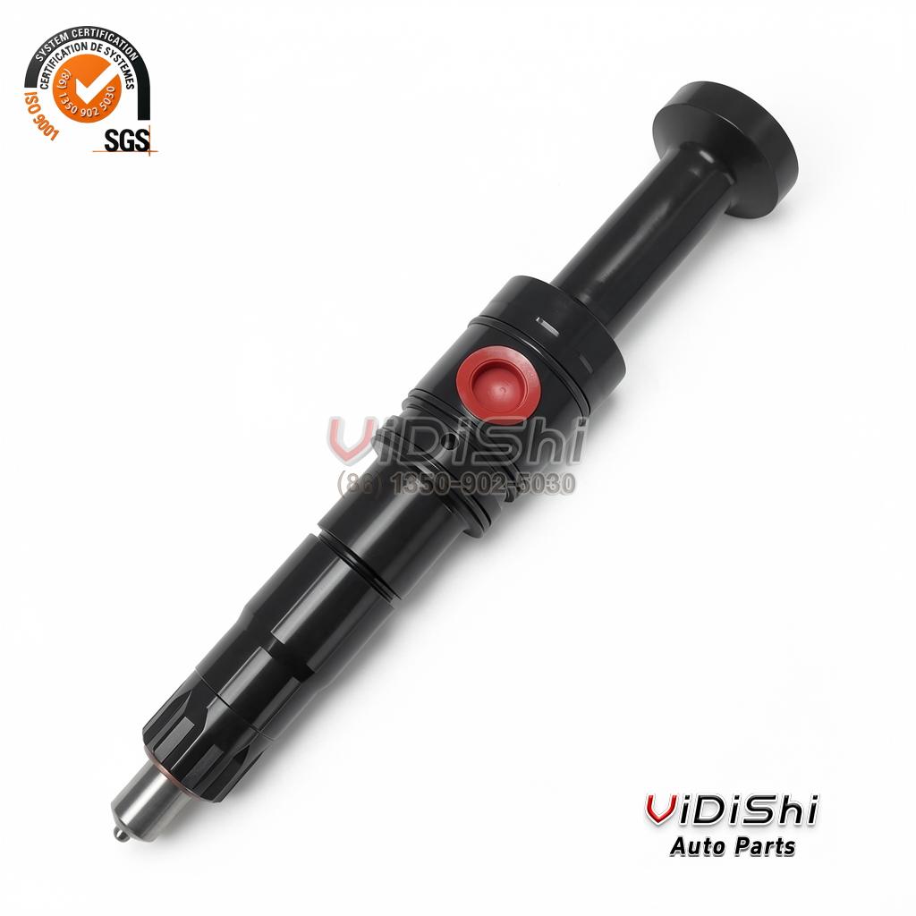 84C603708G2 Fuel Injector for GE 12V250 Locomotive Diesel 3 84C603708G2 fuel injector standing upright with red shipping cap on the fuel inlet