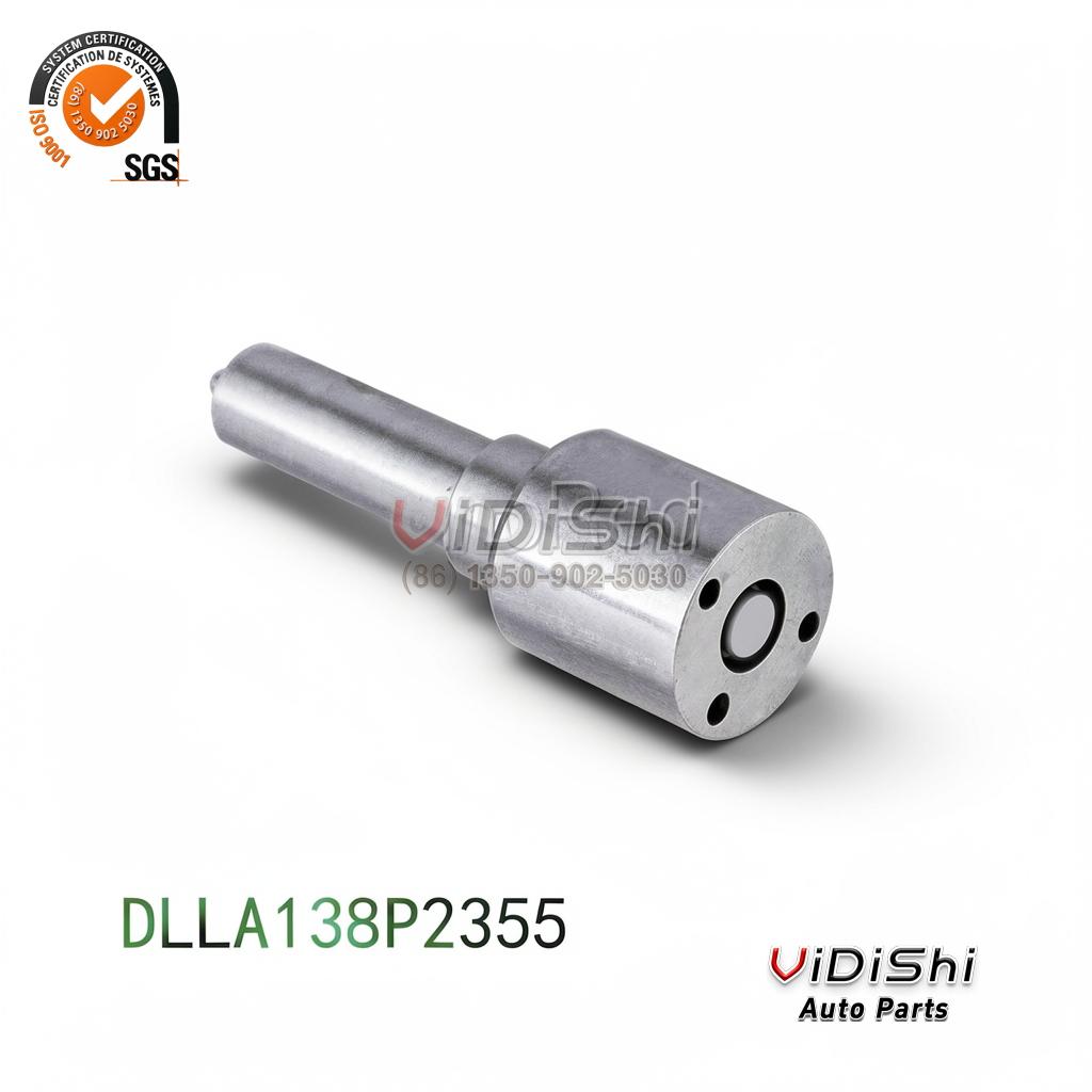 DLLA138P2355 common rail injector nozzle at a 45-degree angle showing the machined steel body and base flange
