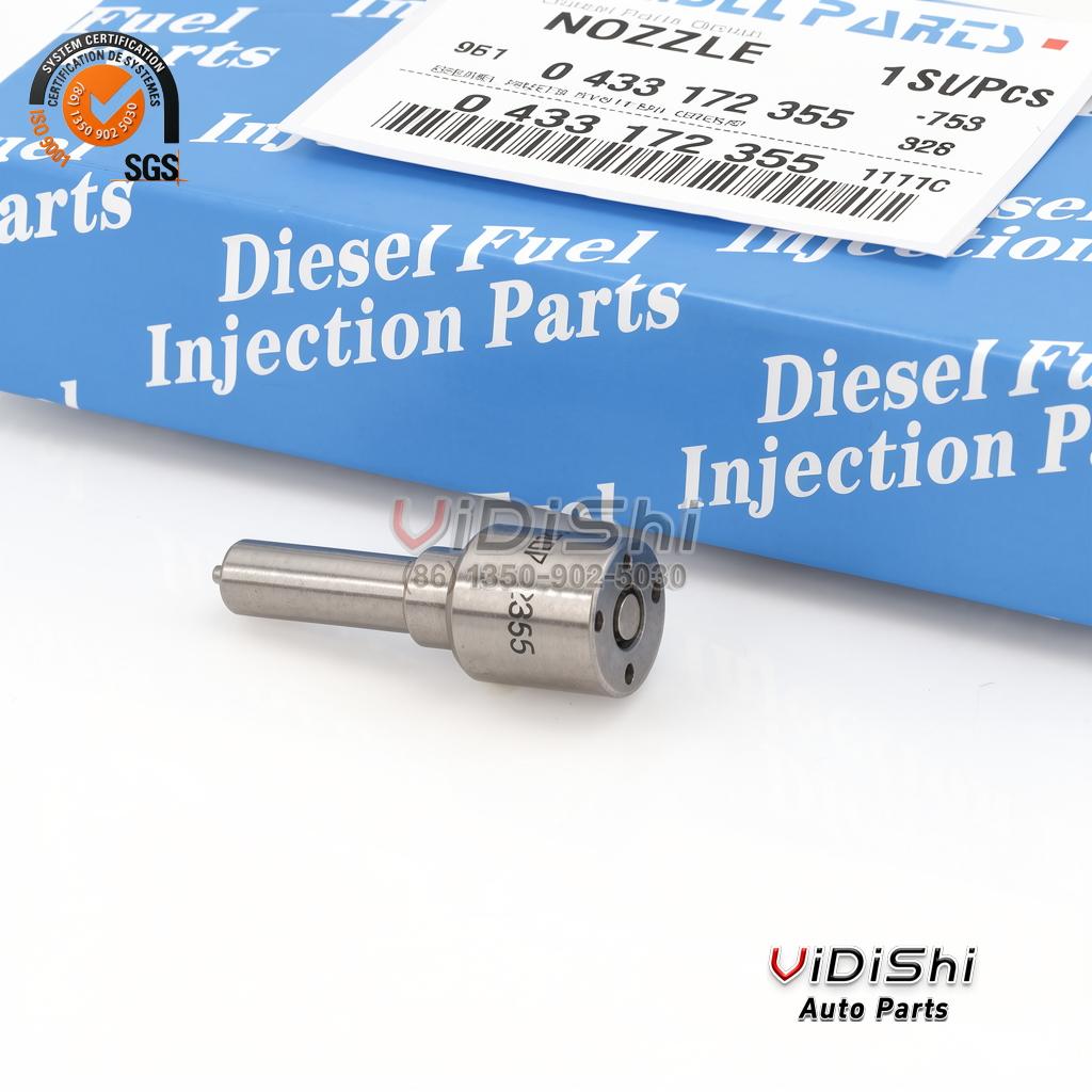 DLLA138P2355 Nozzle Replacement for Bosch 0433172355 2 DLLA138P2355 injector nozzle beside its carton and label printed with the OE number 0 433 172 355