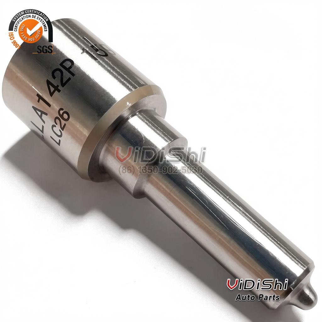 Close view of the DLLA142P1595 nozzle body showing its etched part marking and the polished needle