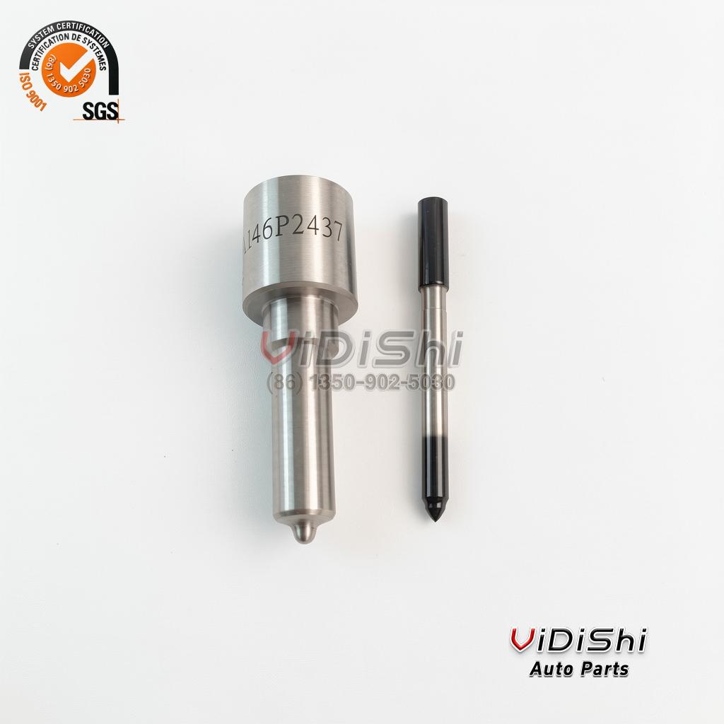 Upright DLLA146P2437 injector nozzle with 146P2437 etched on its body and the needle valve beside it