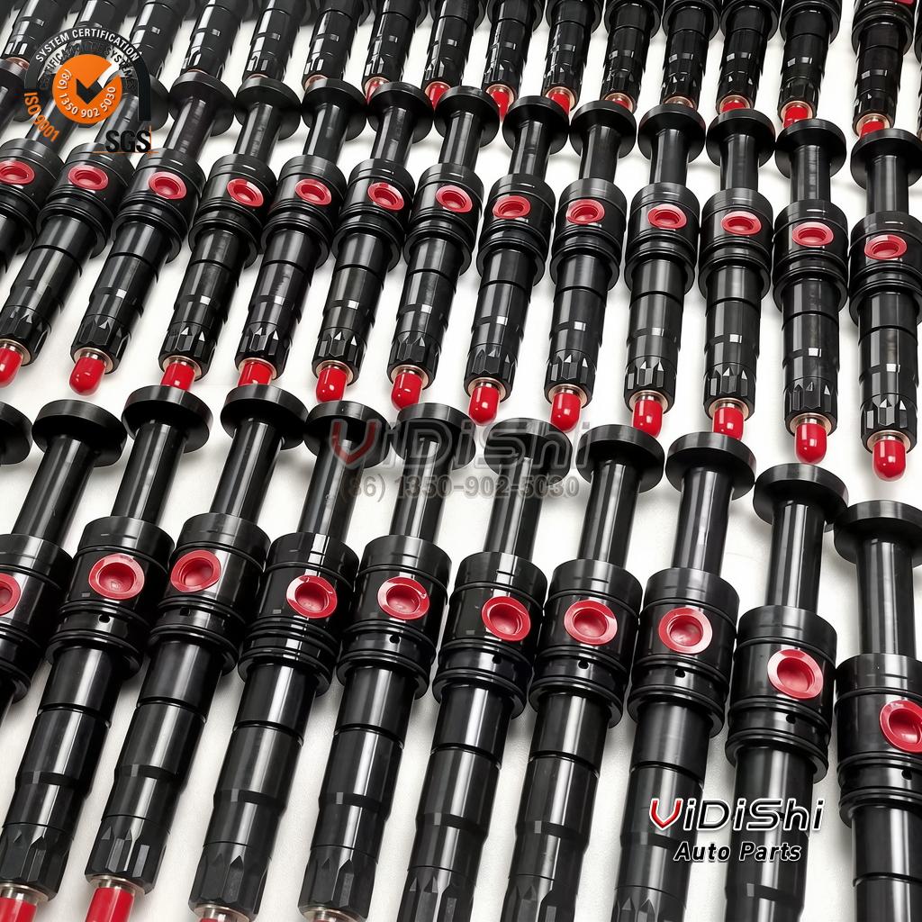 Rows of F00BL0J050 fuel injectors standing closely together, black bodies with red capped ends