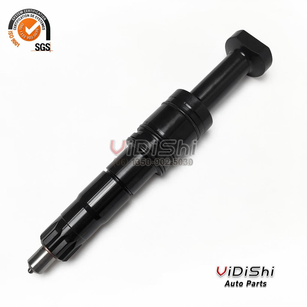 A F00BL0J050 locomotive fuel injector laid out full length, black body, threaded inlet and nozzle end at the left