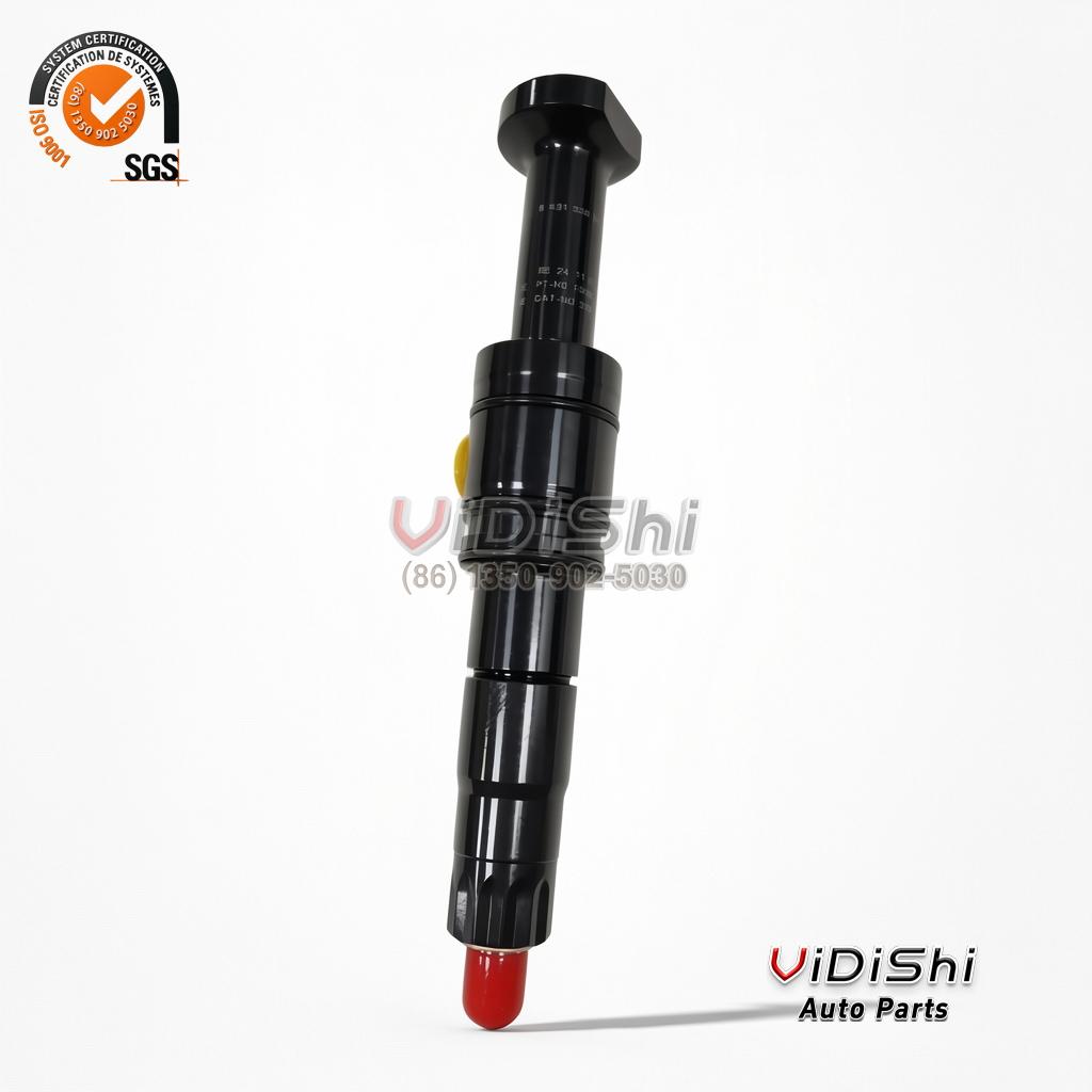 A F00BL0J050 fuel injector standing vertically, the notched top cap above and the red capped nozzle below