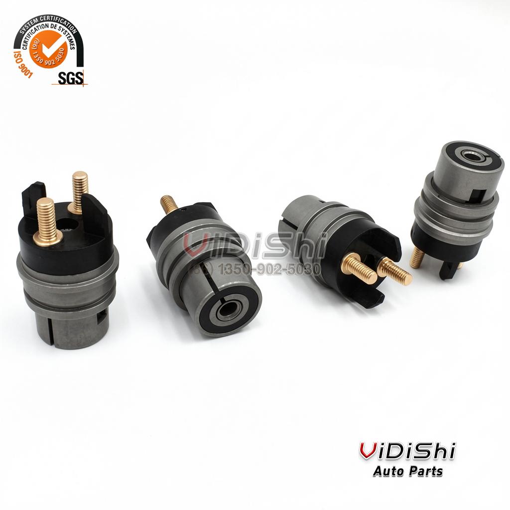 F00RJ02702 Injector Solenoid Valve for Bosch 120 Series 5 Four F00RJ02702 injector solenoid valves arranged at different angles on a plain white surface
