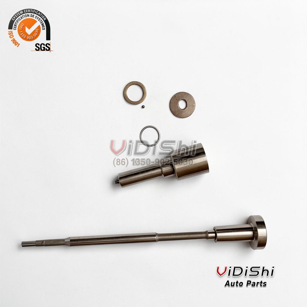 A complete F00RJ03569 injector repair kit laid out with the control valve, nozzle, seals and washers