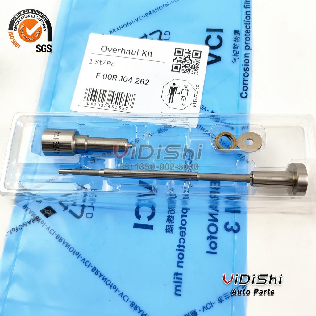 F00RJ04262 overhaul kit (Bosch F 00R J04 262 reference) — packed kit, tray and label