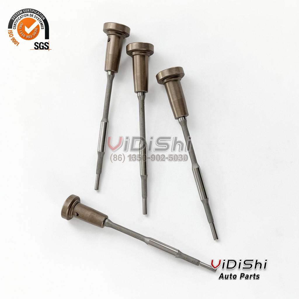 F00VC01338 Common Rail Injector Control Valve for Bosch CRI2 3 Four F00VC01338 control valves fanned out at an angle with the valve heads and pins in view