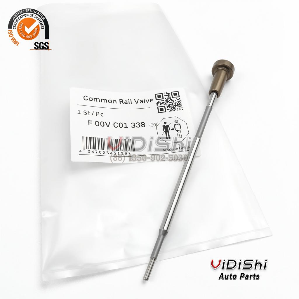All Products 7 F00VC01338 control valve on a sealed bag beside a label reading Common Rail Valve and F 00V C01 338