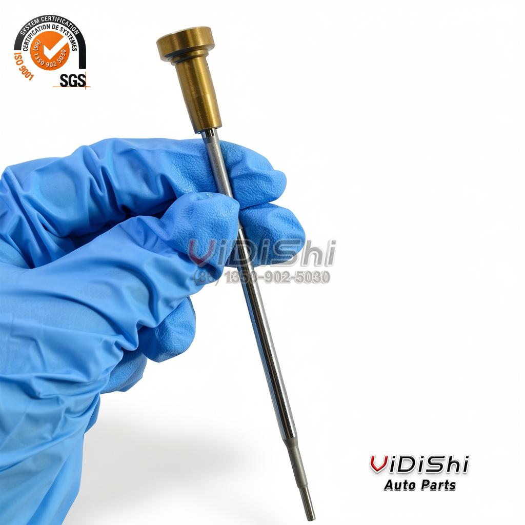 F00VC01338 Common Rail Injector Control Valve for Bosch CRI2 2 F00VC01338 control valve held upright showing the valve head above its long polished pin
