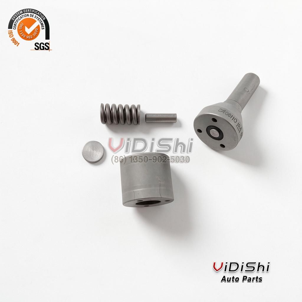 All Products 7 VDS-3126-INJ-NOZZLE Components laid out in a row: return spring, pin, nozzle body and shim washer