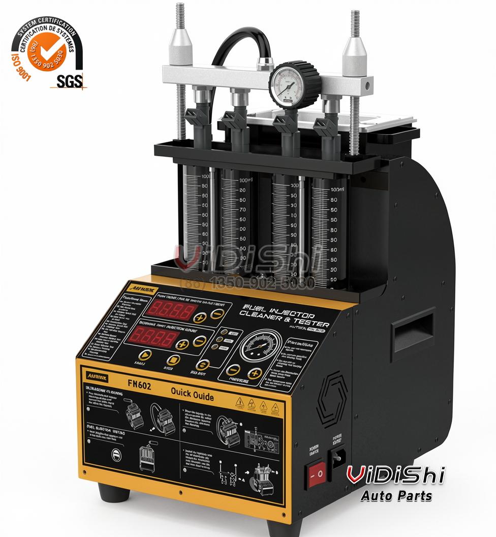 VDS-FN602-INJ-CLEAN Benchtop injector cleaner and tester with six measuring tubes, a pressure gauge and a control panel