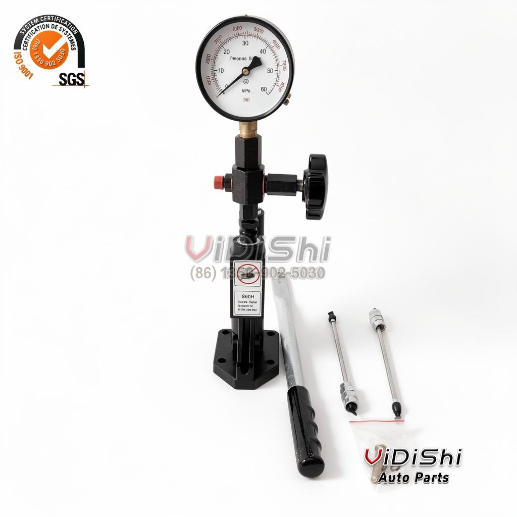VDS-S60H-NOZ-TEST Upright nozzle tester with a lever handle, a dial gauge and two high pressure pipes beside it