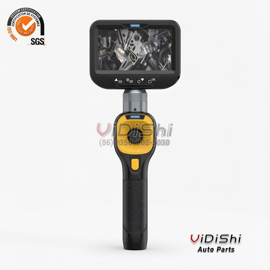Handheld borescope with screen showing engine internals