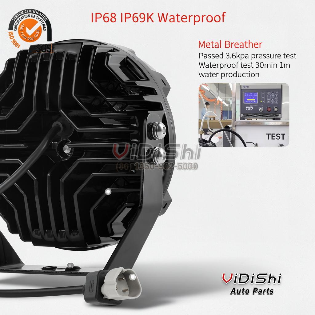 Back of the spotlight with metal breather and waterproof test callout