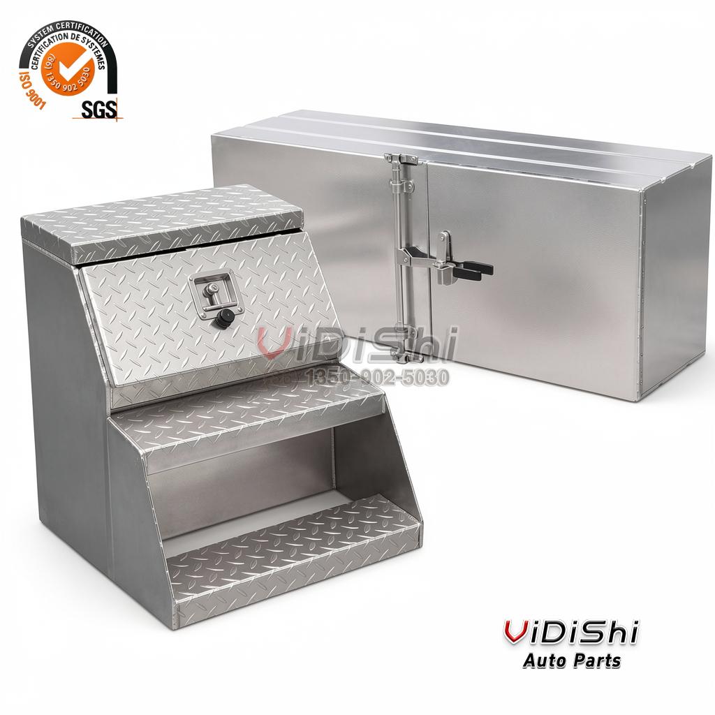 Aluminum Truck Tool Box Combo Saddle Step Mirror Toolbox 1 Saddle step tool box with the mirror toolbox behind
