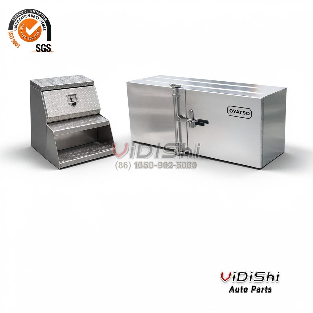 Aluminum Truck Tool Box Combo Saddle Step Mirror Toolbox 4 Saddle step box and mirror toolbox side by side