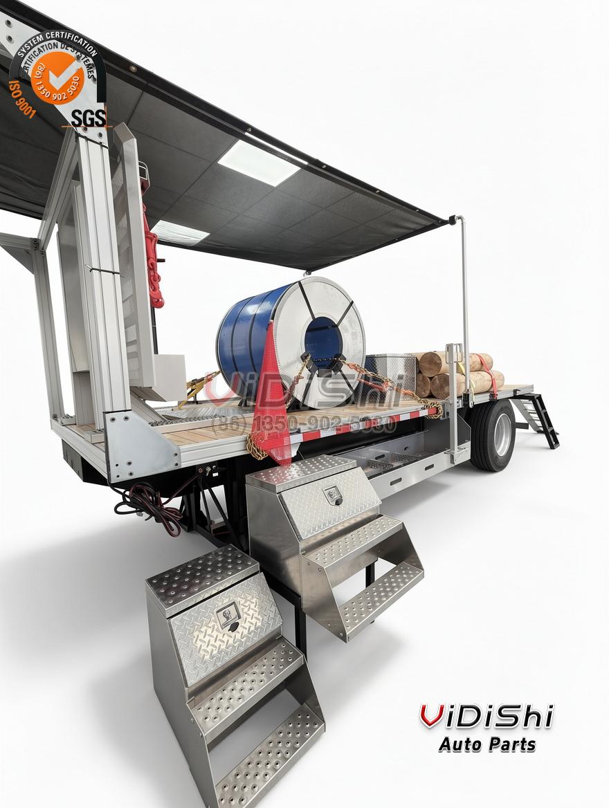 Aluminum Truck Tool Box Combo Saddle Step Mirror Toolbox 2 Tool box combo mounted on a flatbed trailer