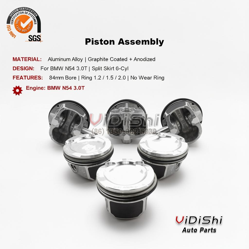 Piston Kit 11257577581 Replacement for N54B30 3.0L twin turbo inline-6 3 Piston assembly spec card listing 84mm bore, ring 1.2/1.5/2.0 and BMW N54 3.0T design