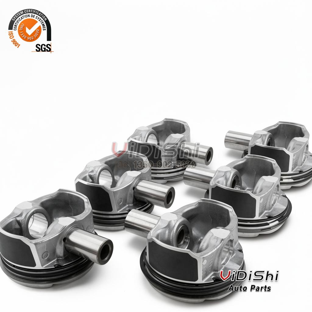 11257577581 - Six N54 pistons with graphite-coated skirts and pins, product box, cloth and gloves