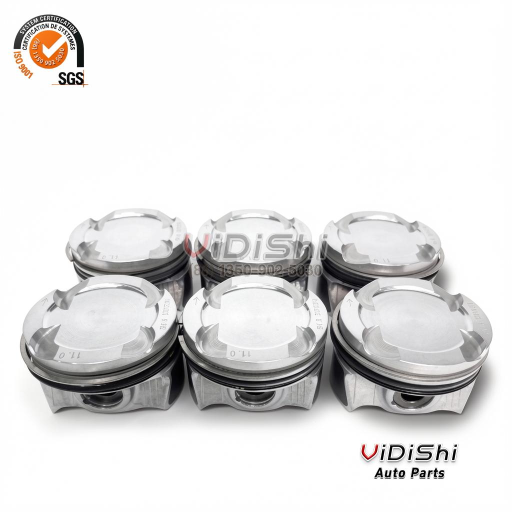 11258681079 - Six machined piston crowns with valve pockets arranged in two rows