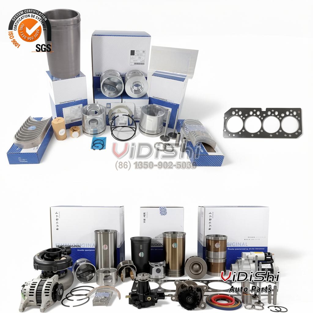 JD4045-OHK - Diesel overhaul kit contents with cylinder liners, pistons, bearing shells and full gasket set in product boxes