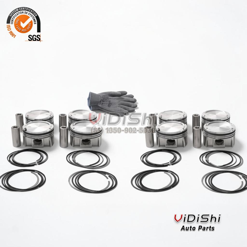 A2640301900 - Four forged piston sets with ring packs, wrist pins and two product boxes on a white background