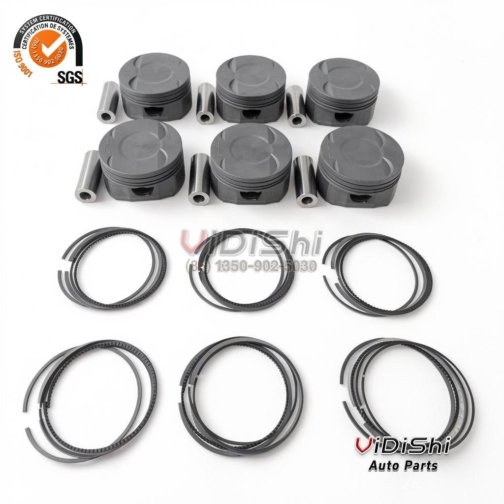 Piston Kit A2640301900 Replacement for M270 2 Six forged pistons with six piston ring sets laid out in rows on a white background