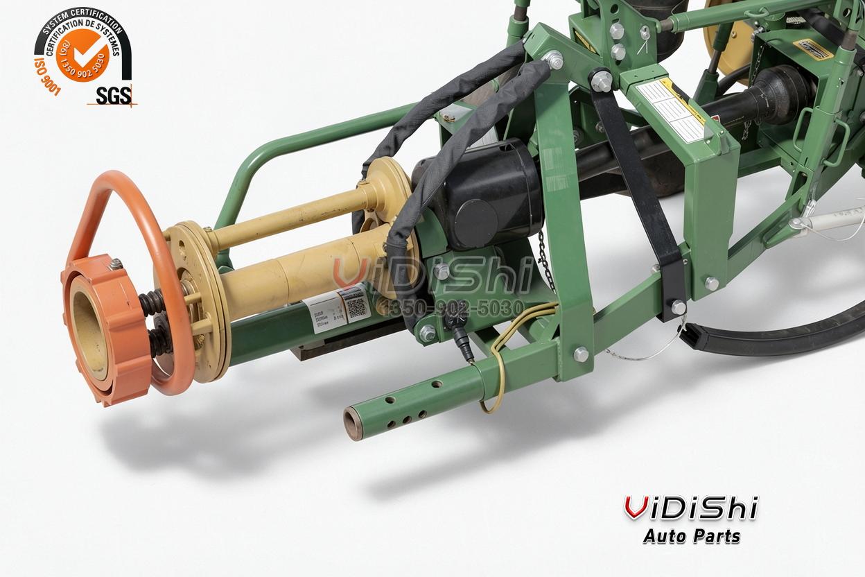PTO Drive Shaft T3 600 for Tractor Rotary Mower Harvester 3 PTO drive shaft fitted to a green implement frame with orange guard ring and labels on the tube