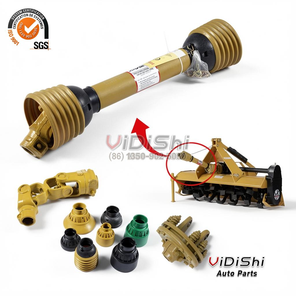 PTO Drive Shaft T3 600 for Tractor Rotary Mower Harvester 4 PTO shaft, joint yokes and coloured guard end caps with an inset diagram of the mounting position