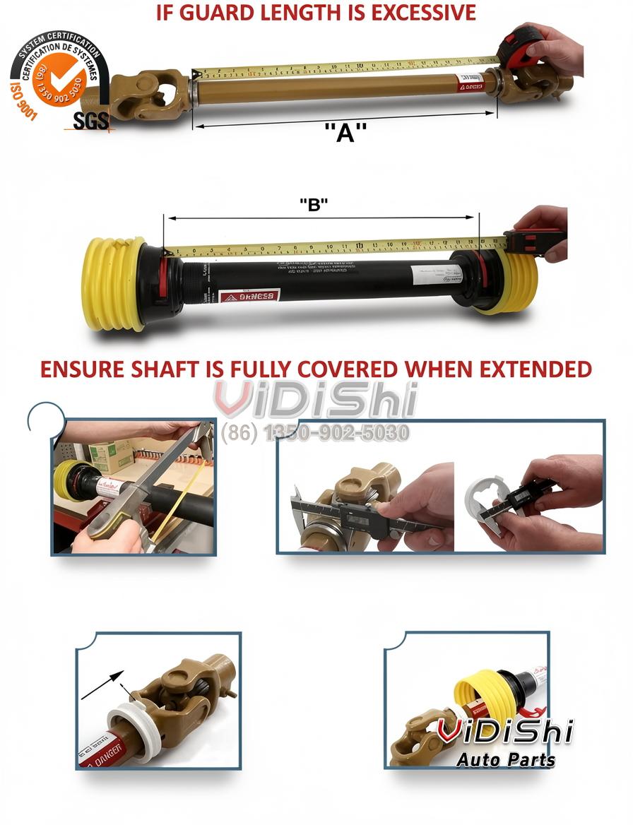 Complete PTO drive shaft with yellow guard tubes beside loose yokes, flanges, end caps and spring pins
