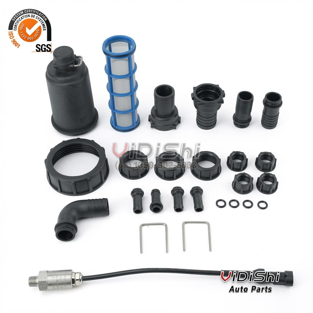 VDS-SPRAY-CTRL-ELEC Fittings kit laid out: filter bowl with a blue element, hose barbs, O-rings and a short cable