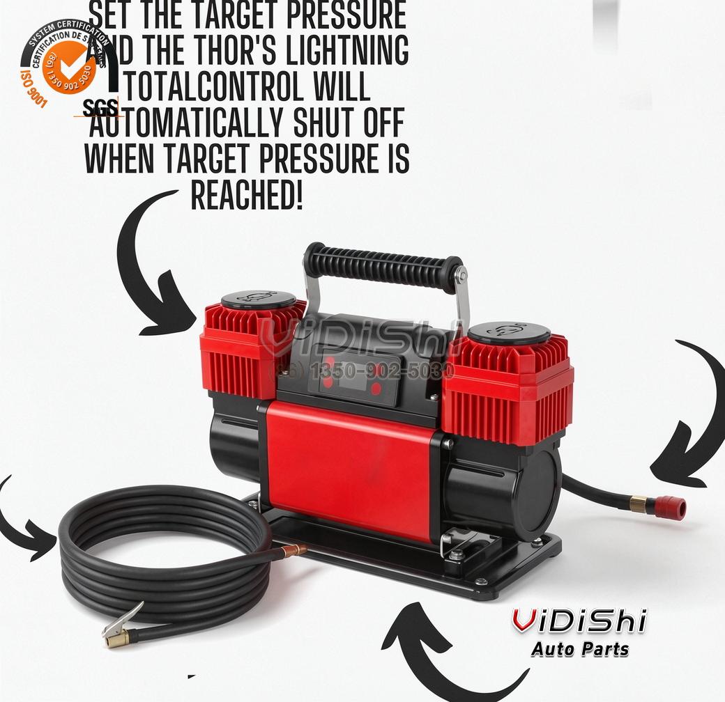 300L/min 150PSI Dual-Cylinder Tire Inflator 12V 24V 6 Tire inflator automatic shut-off at target pressure feature