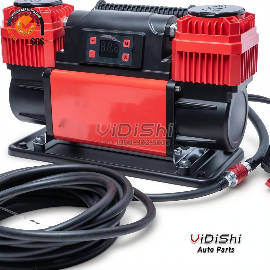 300L/min 150PSI Dual-Cylinder Tire Inflator 12V 24V 4 300L/min tire inflator close detail of cylinders and gauge
