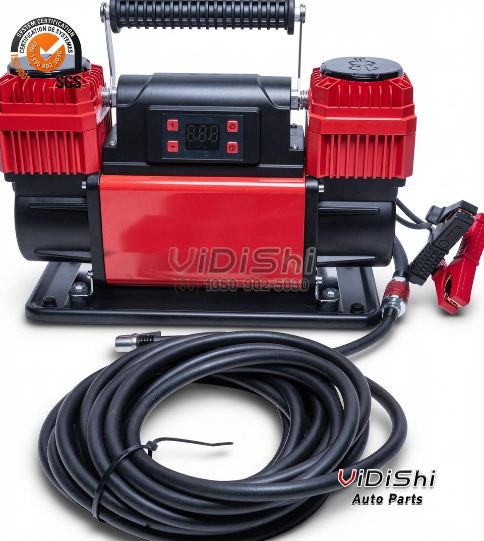 300L/min 150PSI Dual-Cylinder Tire Inflator 12V 24V 1 300L/min 150PSI dual cylinder tire inflator front view with digital gauge
