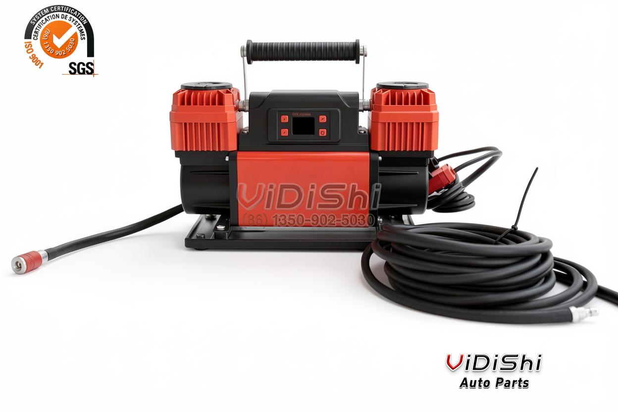 300L/min 150PSI Dual-Cylinder Tire Inflator 12V 24V 3 300L/min dual cylinder tire inflator side view with air hose
