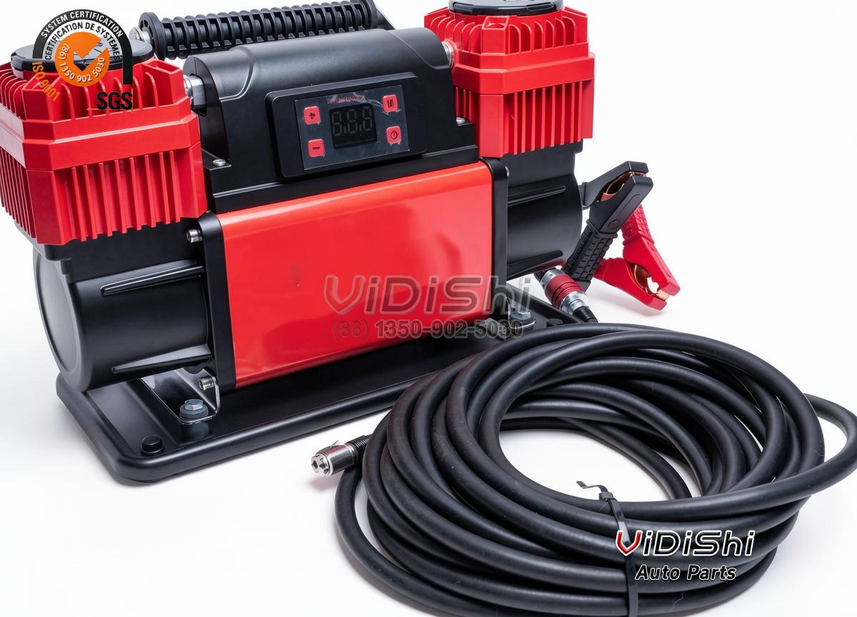 300L/min 150PSI Dual-Cylinder Tire Inflator 12V 24V 2 300L/min 150PSI tire inflator three-quarter view with hose and clamps