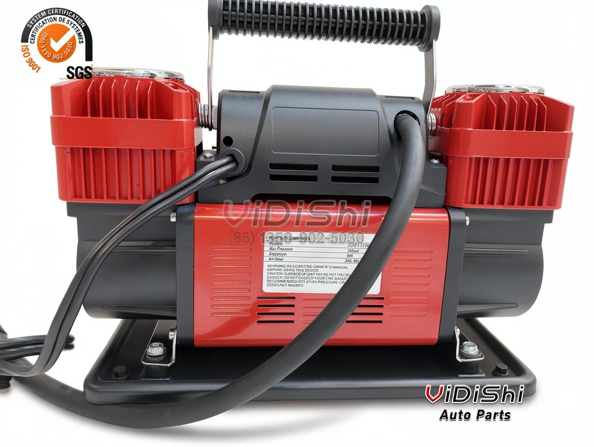 300L/min Digital Display Heavy Duty Tire Inflator 12V 150 PSI 3 Rear view of the dual cylinder tire inflator showing the printed nameplate