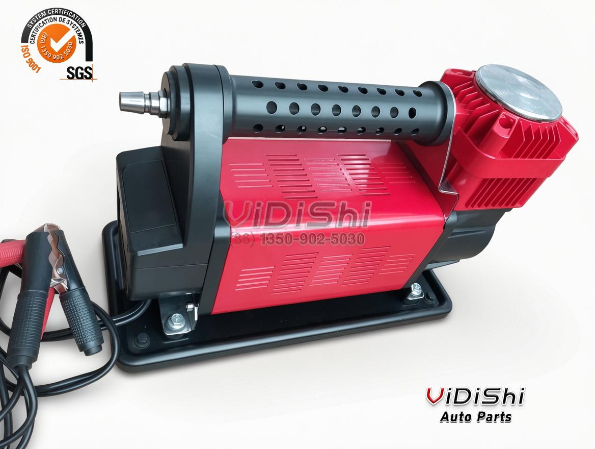 300L/min Digital Display Heavy Duty Tire Inflator 12V 150 PSI 6 Side view of the 300L/min dual cylinder tire inflator on its base plate