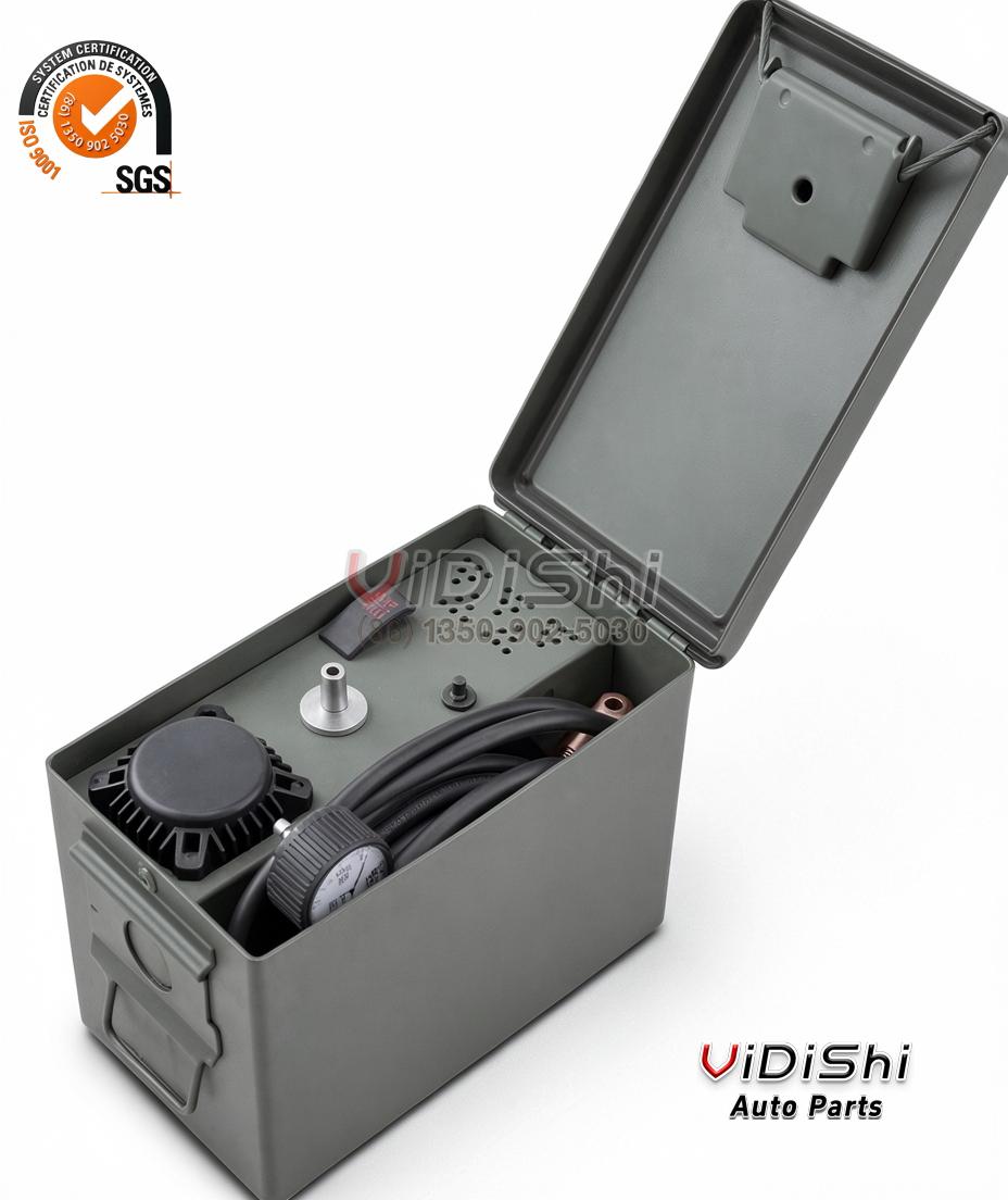 300LSH-MIN Cabled Tire Compressor 12V 24V Double Cylinder 6 300LSH-MIN storage box side view with hose and gauge