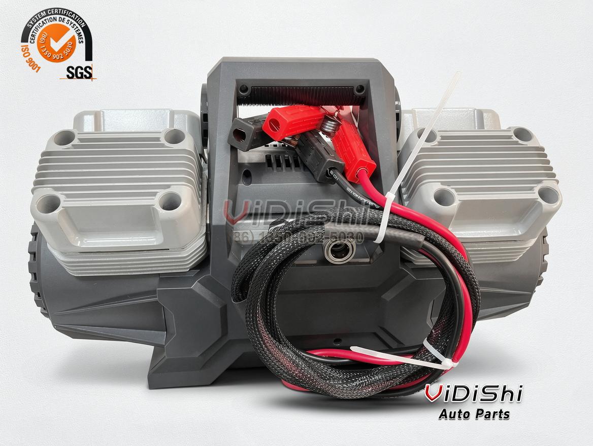 400L/min 4-Cylinder Tire Inflator 50mm x 4 12V 150PSI 3 400L/min 4 cylinder tire inflator rear view with power cables and clamps