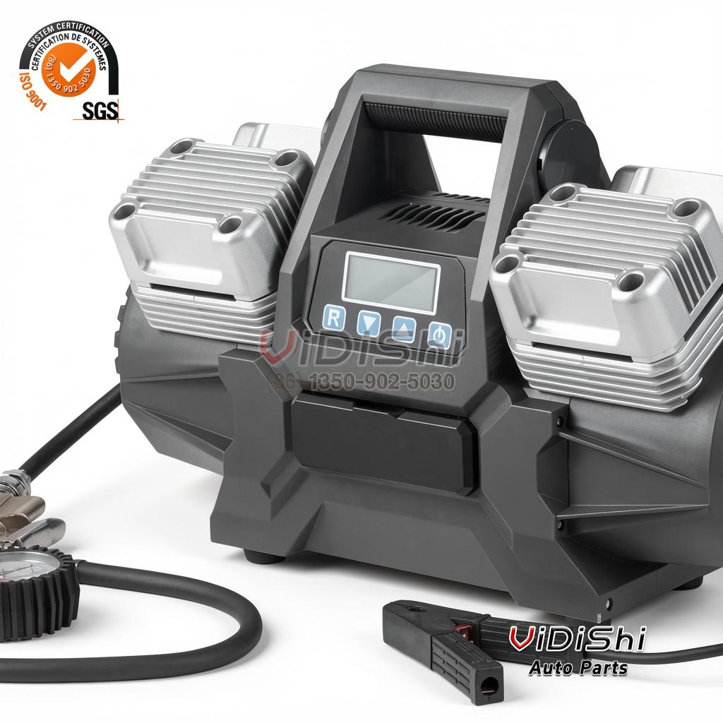 400L/min 4-Cylinder Tire Inflator 50mm x 4 12V 150PSI 1 400L/min 4 cylinder tire inflator 50mm x 4 front view with digital gauge