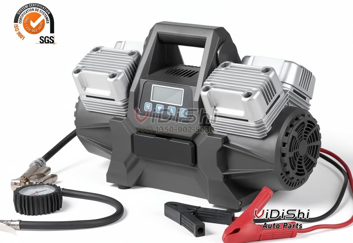 400L/min 4-Cylinder Tire Inflator 50mm x 4 12V 150PSI 2 400L/min 50mm x 4 tire inflator three-quarter view with hose and gauge
