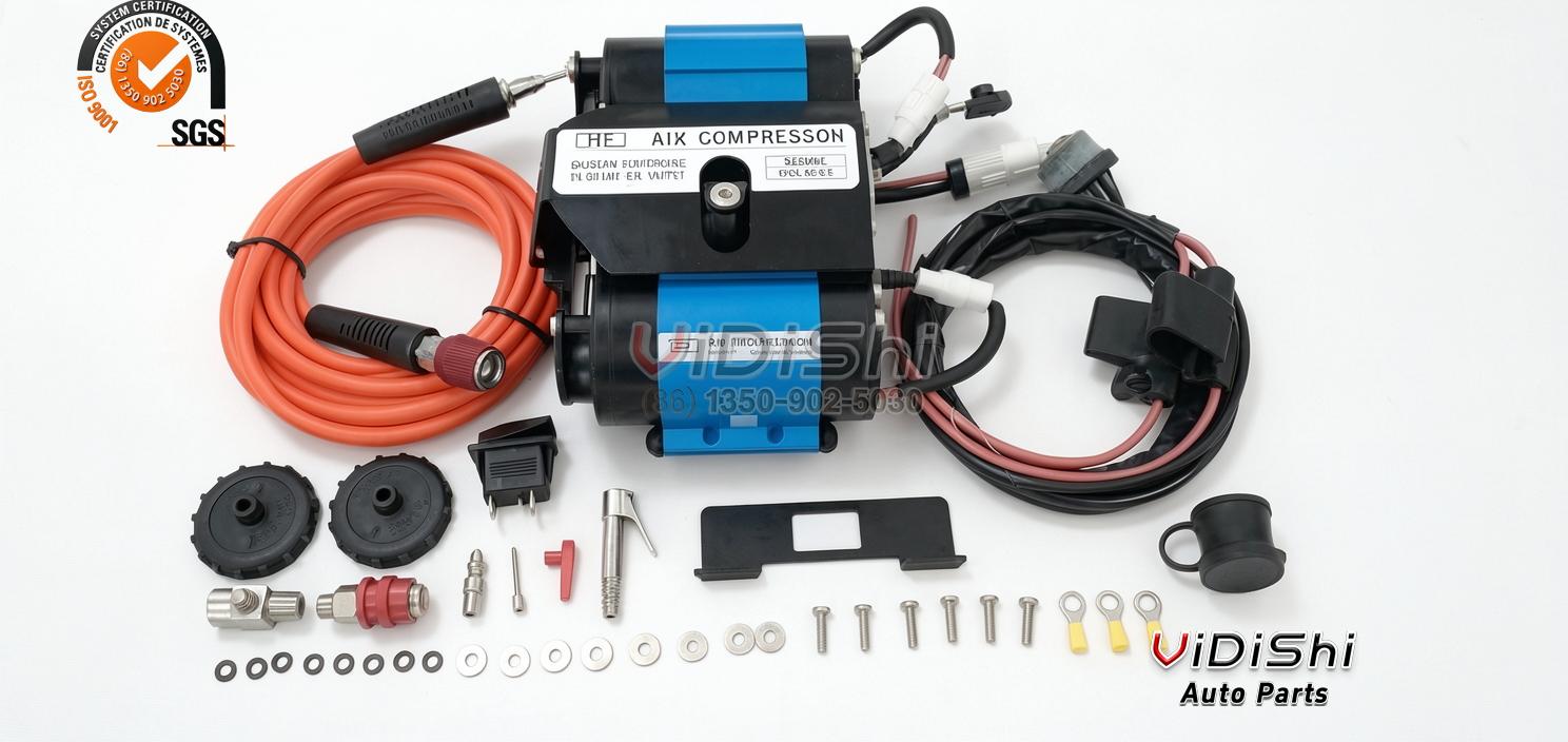 CKMTA12-24 Twin On-Board Air Compressor 12V 24V 174 L/min 4 Twin on-board air compressor laid out with coil hose, loom, fittings and adapters