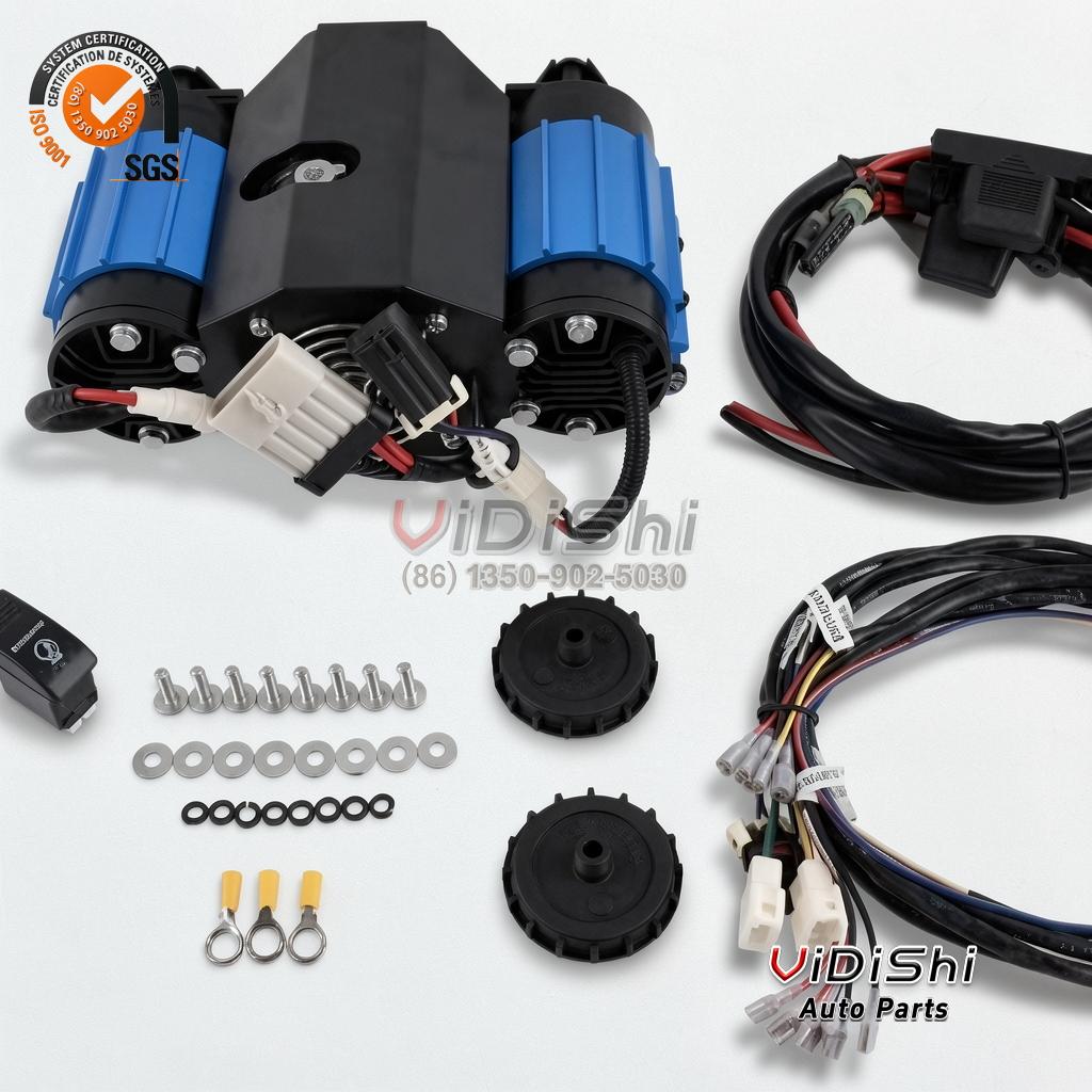 CKMTA12-24 twin on-board air compressor top view with wiring loom and fittings