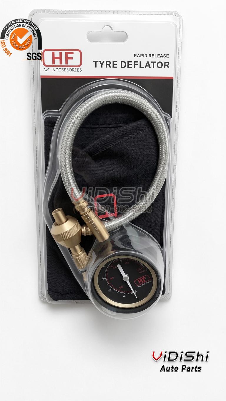 12V 24V Single Cylinder Tire Inflation Air Compressor 4 Rapid release tyre deflator accessory in retail packaging