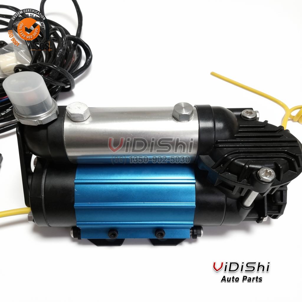 Single and Twin On-Board Air Compressor 12V 150 PSI 4 Cylinder head, air filter and quick-connect detail of the on-board air compressor