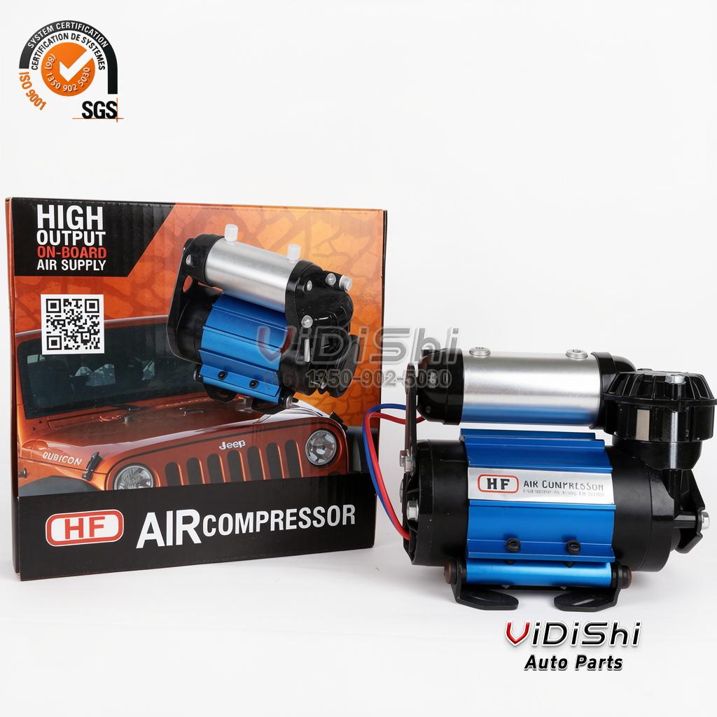 Single and Twin On-Board Air Compressor 12V 150 PSI 3 On-board air compressor three-quarter view beside its printed carton